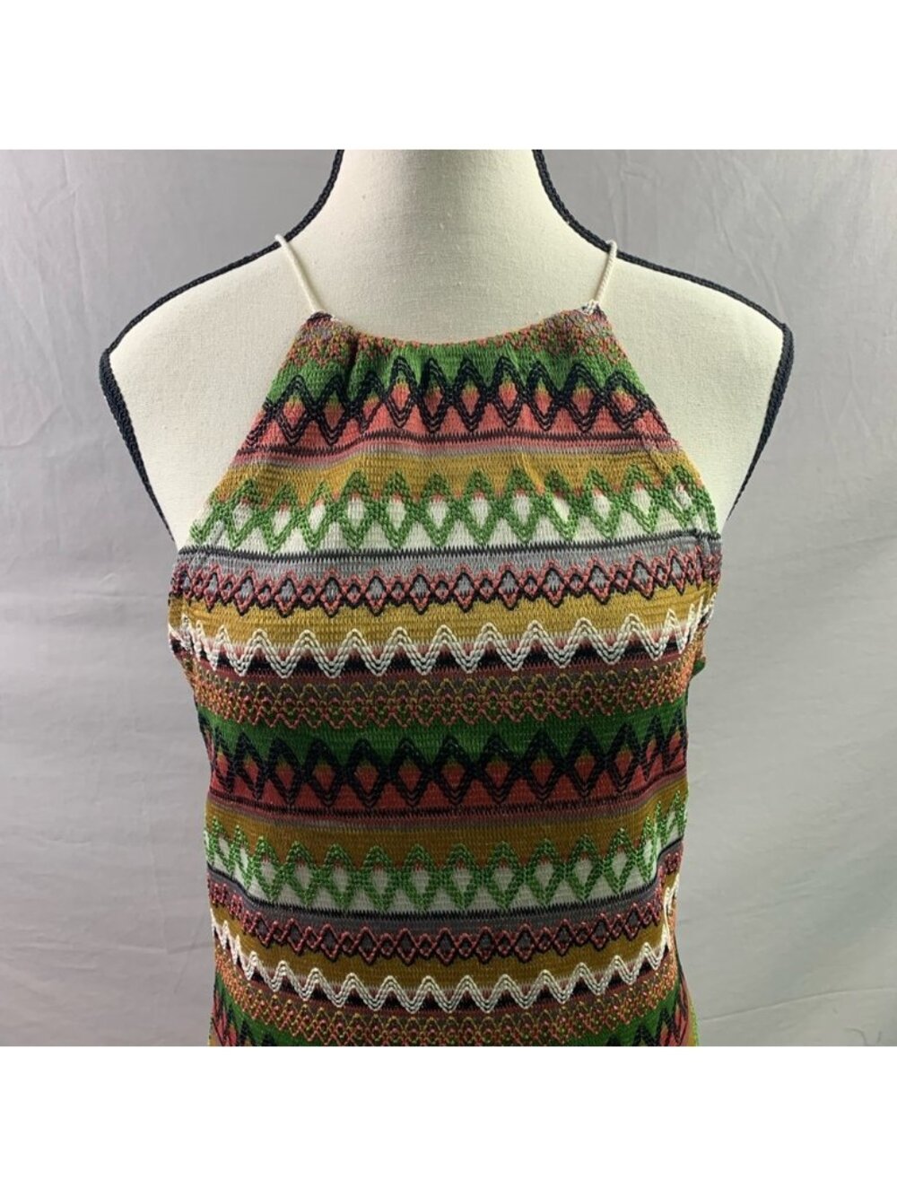 Green Boho Halter Chevron Print Fringe Hem Dress - Picture 7 of 7